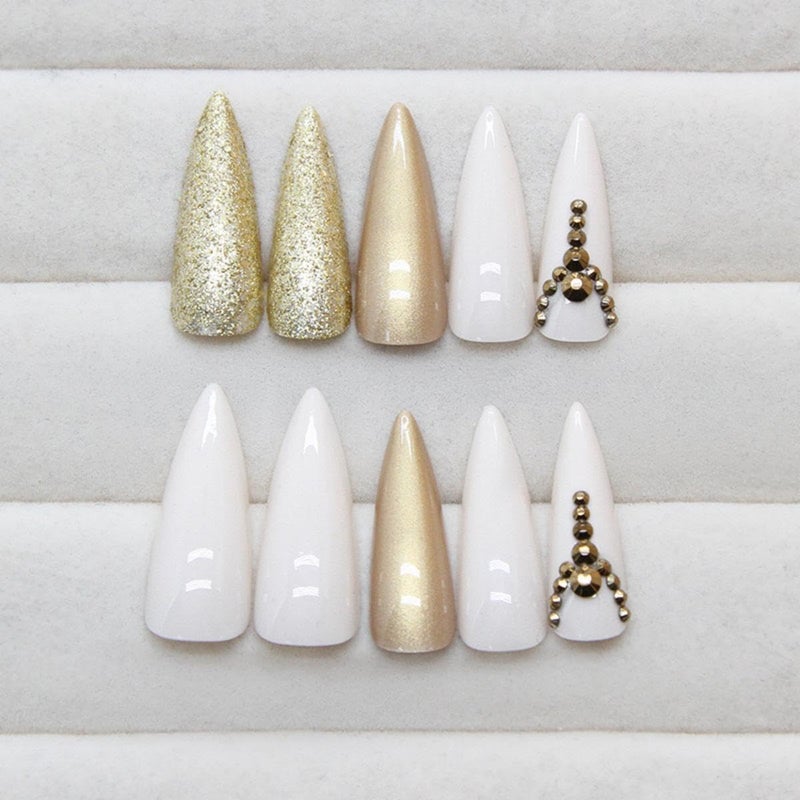 Maigitur Gold Press on Nails Long Stiletto Fake Nails with Design Golden Glitter Glue on Nails Rhinestone Fake Nails Glossy Reusable Artificial Gold Nails for Women Girls Manicure 24pcs - Image 3
